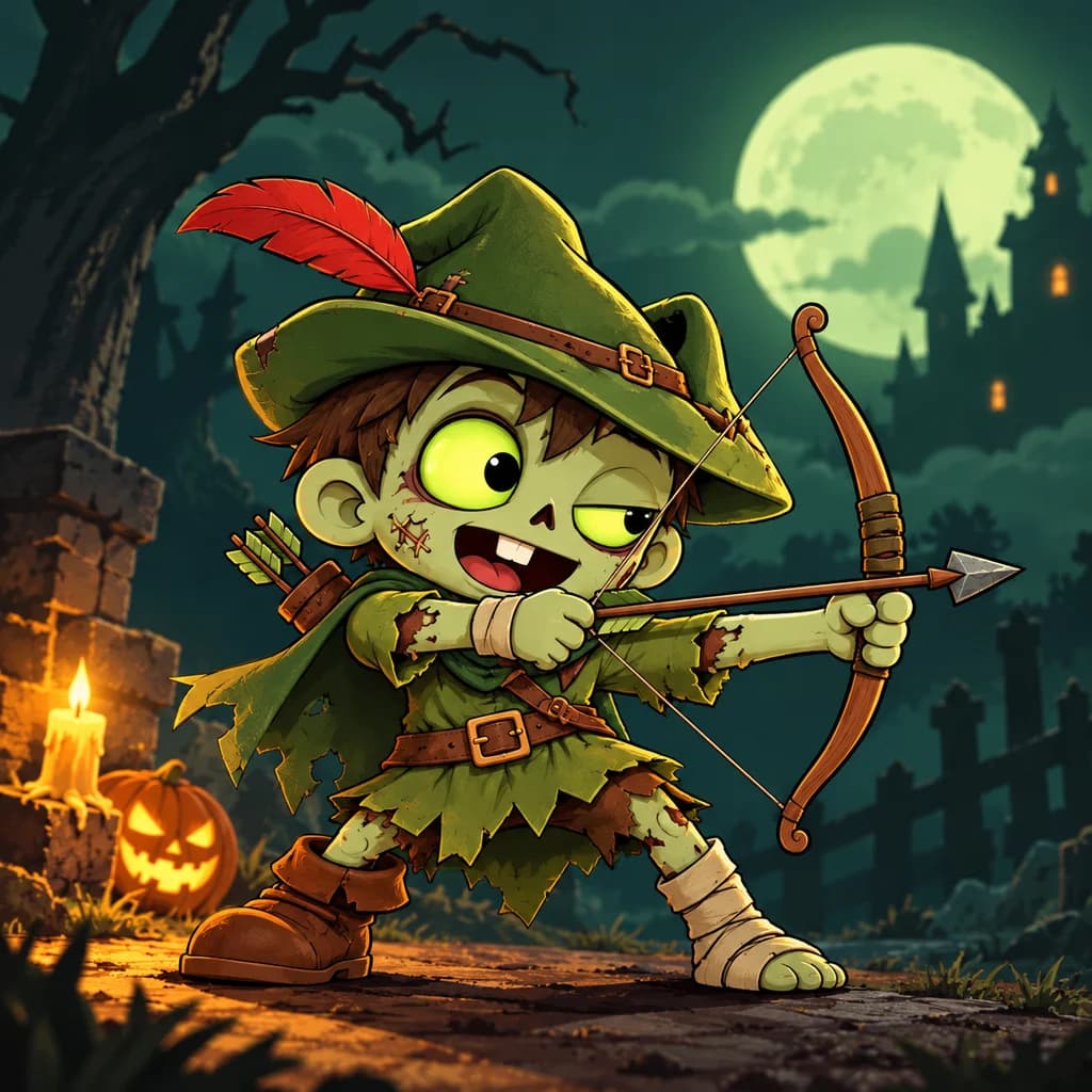 The Zombiehood mascot, a green zombie archer in a feathered hat drawing his bow in a moonlit graveyard